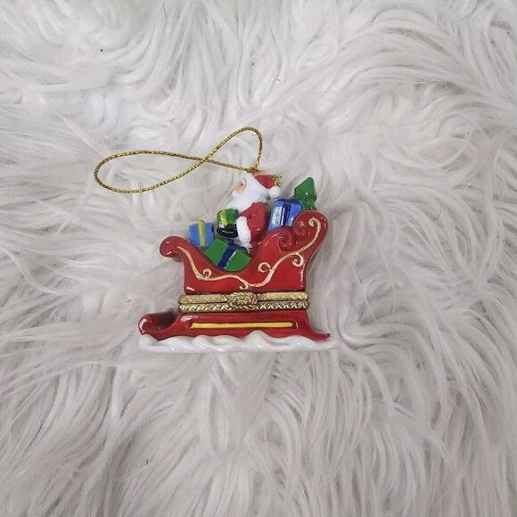 Vintage Porcelain Christmas Santa in Sleigh Hinged Trinket Box Ornament - Picture 1 of 9